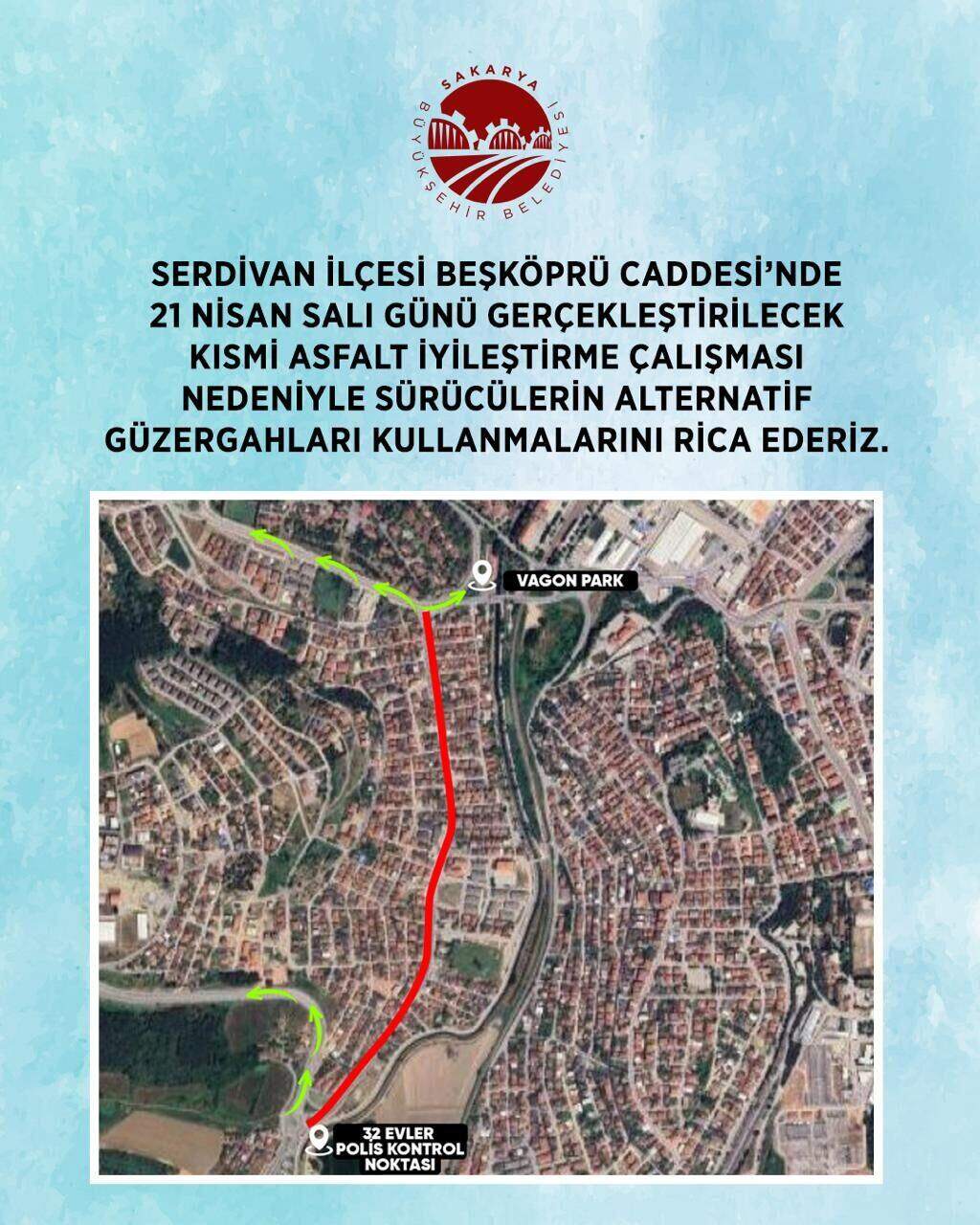 Serdivan Beşköprü Caddesi’nde 21 Nisan’da Asfalt Yenileme Uygulaması Trafik Akışını Etkileyecek